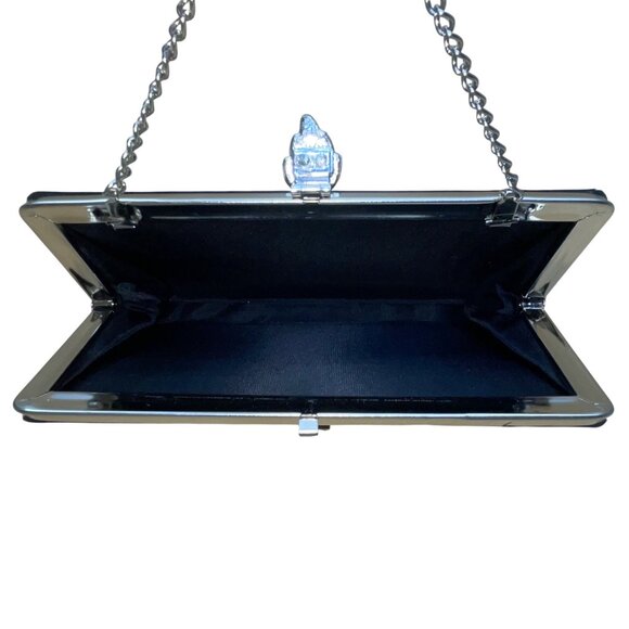 Black Satin Chain Handle With Silver Rhinestone Leaf Closure Evening Clutch - Picture 7 of 8